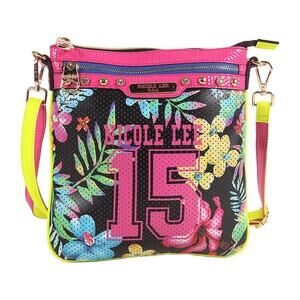NEW Nicole Lee '15' Print Cross-Body Shoulder Bag Black Pink Floral NWT